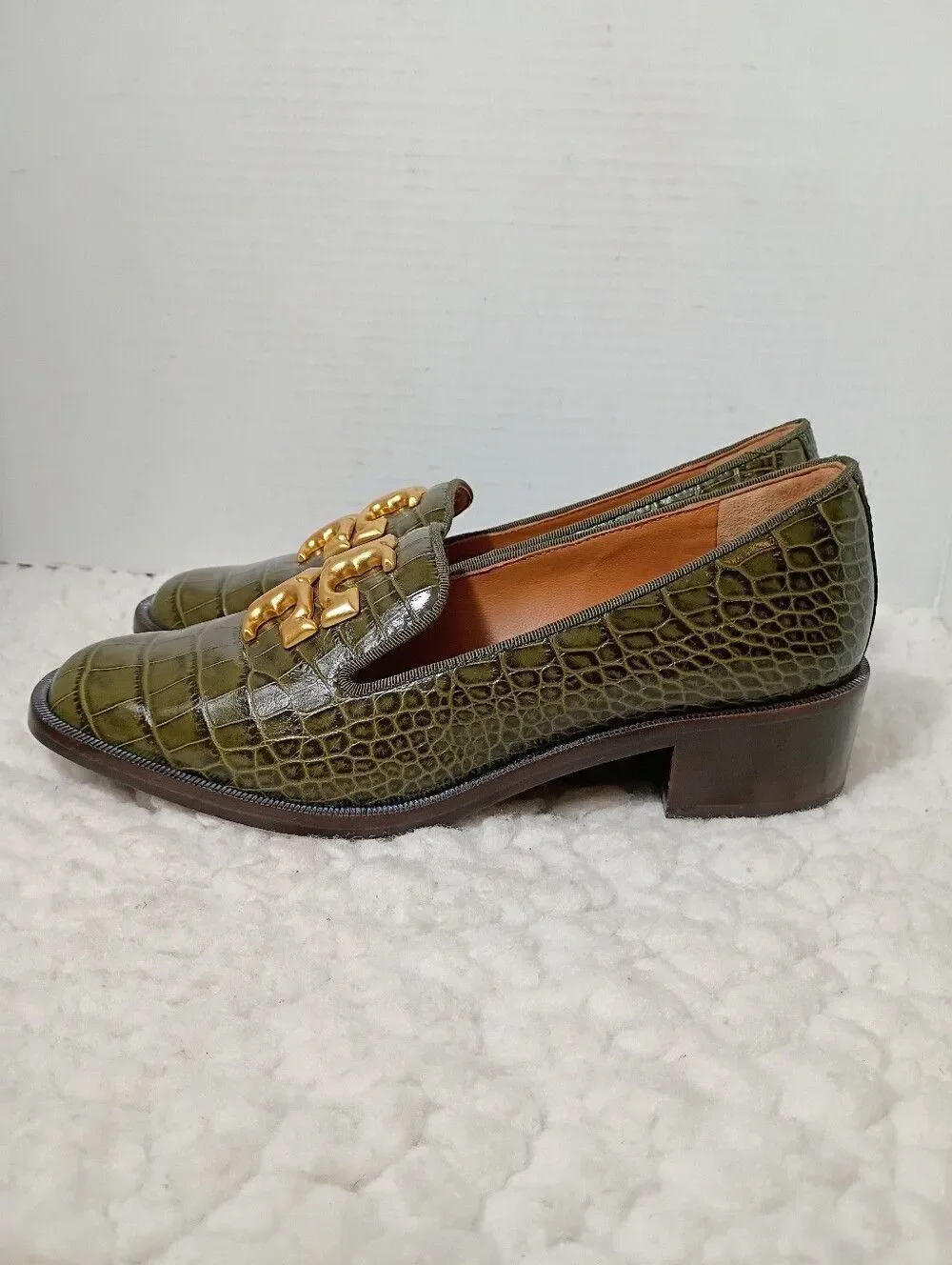 Tory Burch Eleanor Heeled Loafer 8.5 Green Croco Emboss Leccio Gold Logo Bazil
